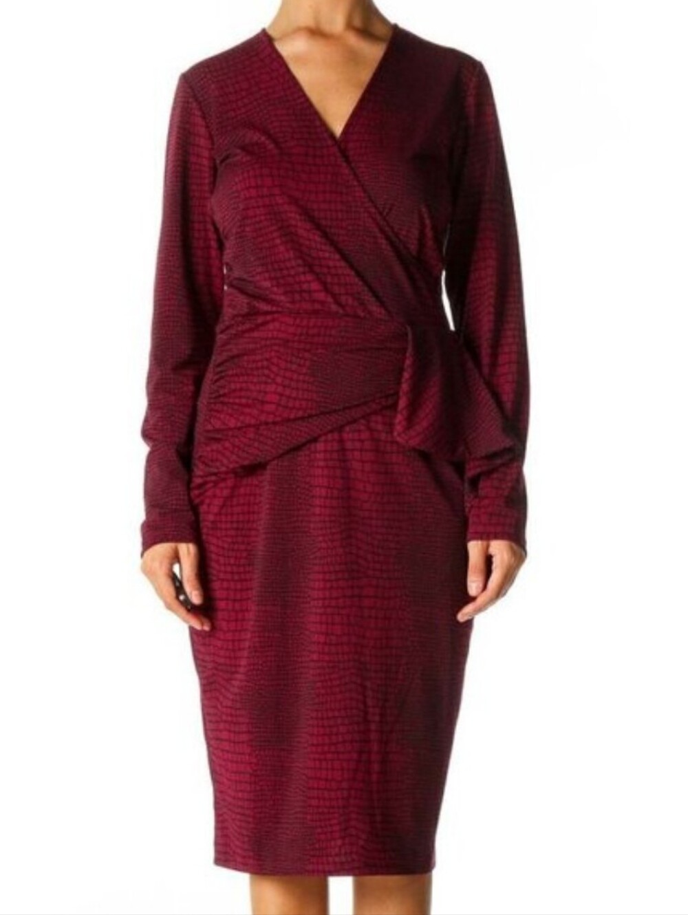 Anthropologie Cranberry Red Animal Print Faux Wrap Draped Midi Cocktail Dress